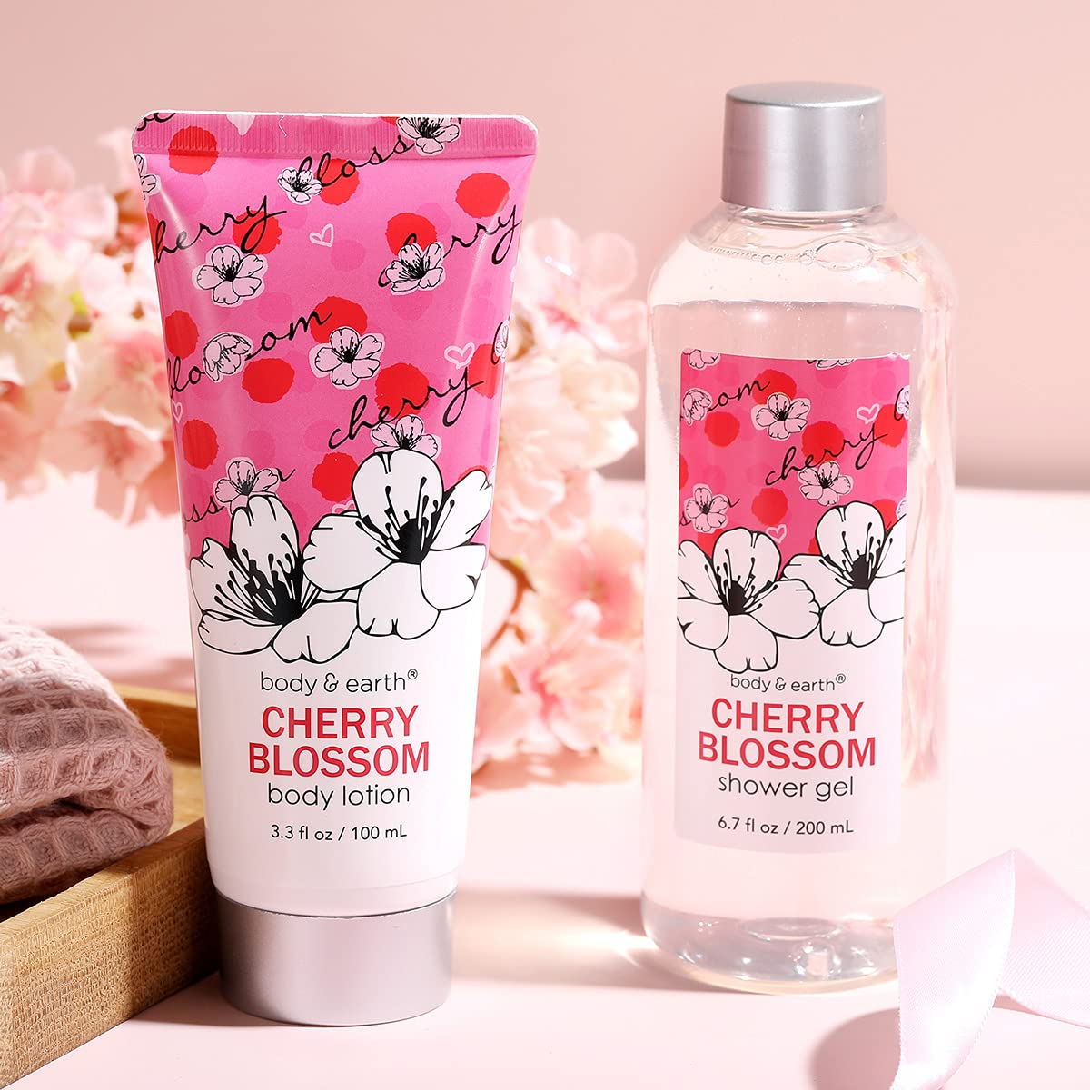 Bath and Body Gift Set for Women - Cherry Blossom Scent with Double-Layer Spa Gift Box, 5 Piece Home Spa Set Includes Shower Gel, Body Scrub, Body Lotion, Hand Soap, Rose Flower, Bath Set Gift for Her