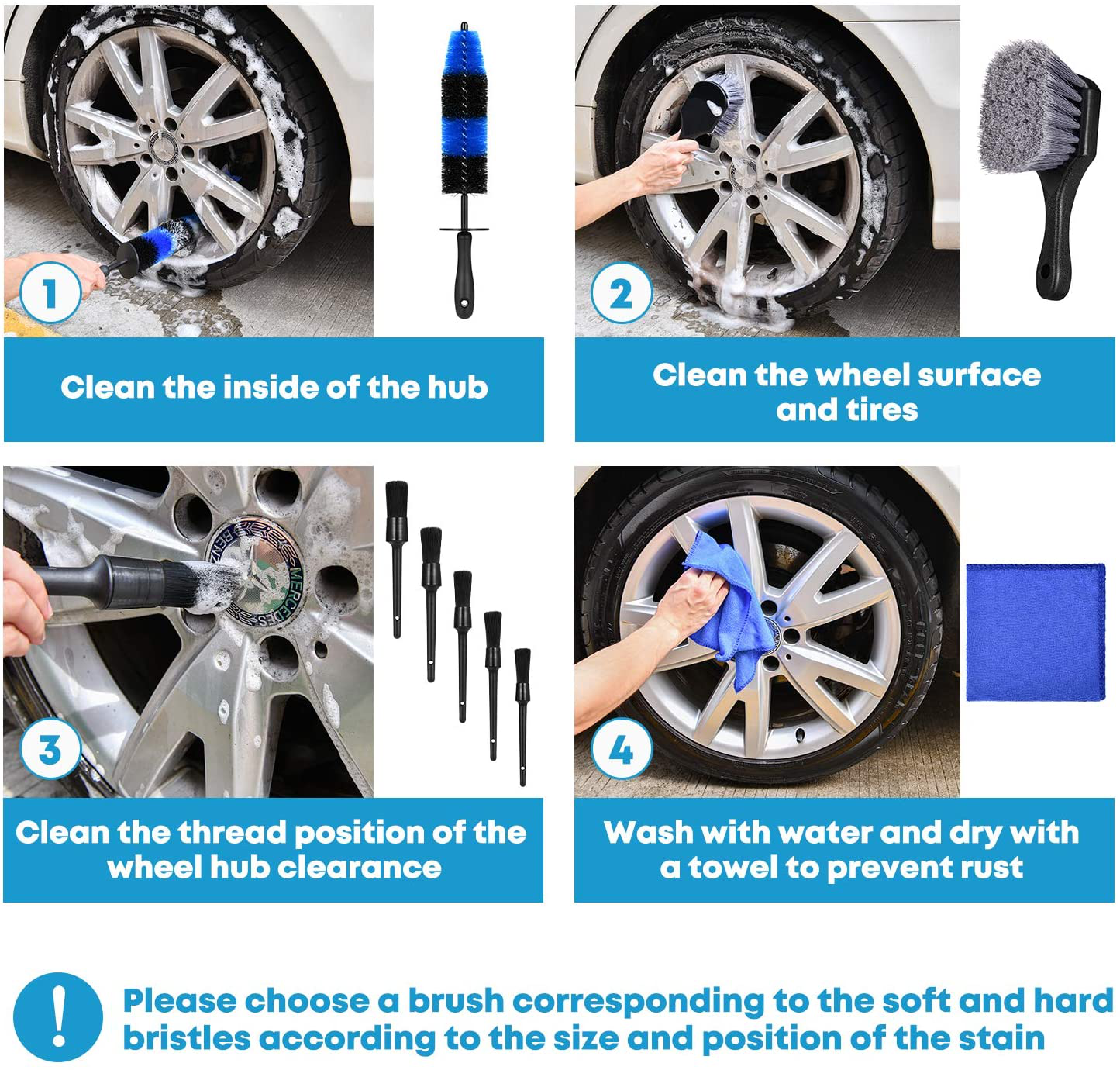 Kohree 9Pcs Wheel Tire Brush Set for Cleaning Wheels, Detail Car Wash Wheel Cleaner Rim Brushes Kit for Washing Tires Vehicle Auto Engine