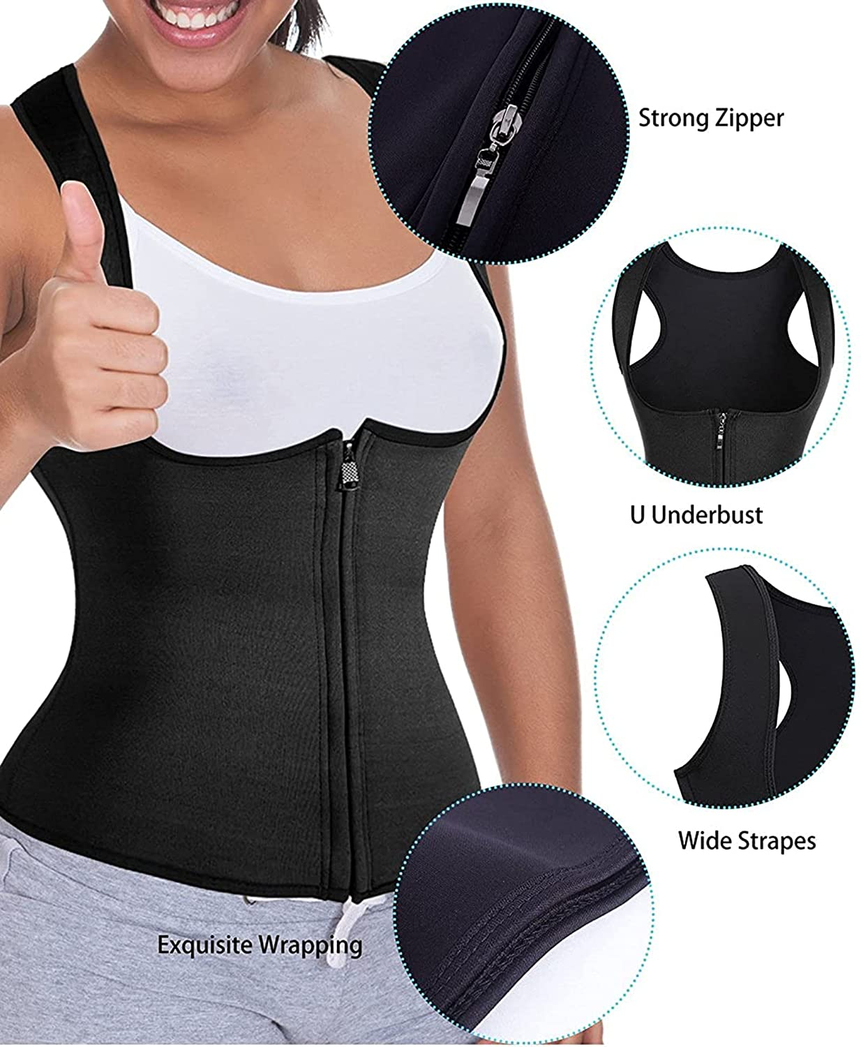 Women Waist Trainer Vest Slim Corset Neoprene Sauna Tank Top Zipper Shaper Shirt Black