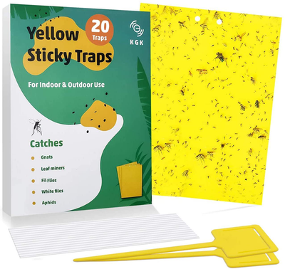 KGK Sticky Traps - 20 Pack, Dual-Sided Yellow Sticky Traps for Fungus Gnats, Aphids, and Other Flying Plant Insects - 6x8 Inches (Twist Ties and Holders Included)