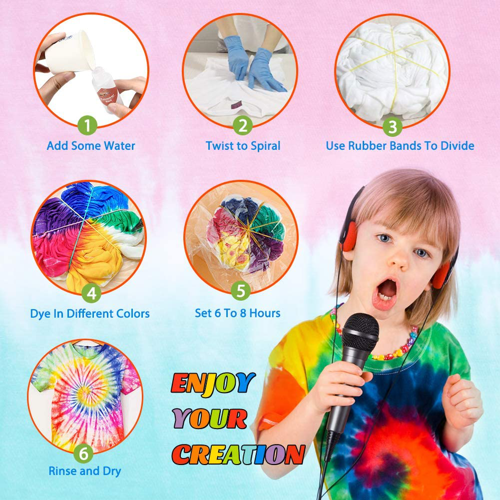 Tie Dye DIY Kit, Emooqi 12 Colors Tie Dye Shirt Fabric Dye for Women, Kids, Men, with Rubber Bands, Gloves, Plastic Film and Table Covers