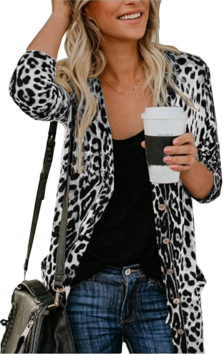 Women Lightweight Cardigan Leopard Printed Button Down Cardigans Shirt W Pockets(S-2XL)