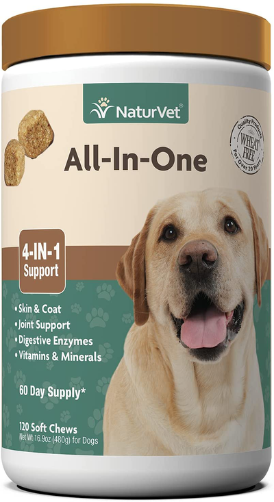 NaturVet All-in-One Dog Supplement - for Joint Support, Digestion, Skin, Coat Care – Dog Vitamins, Minerals, Omega-3, 6, 9 – Wheat-Free