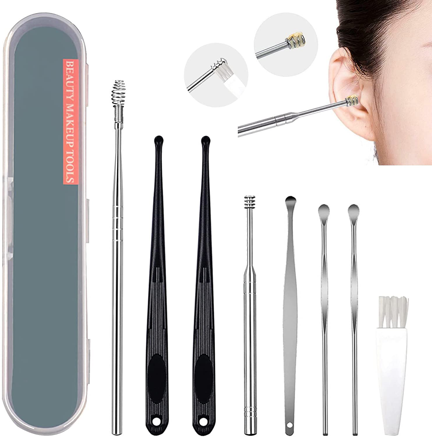 8 Pcs Innovative Spring Ear Wax Cleaner Tool Set, Stainless Steel Ear Wax Removal Kit Cleaning Tool Earwax Pick Cleaner Curette Spoon Set Tool with a Cleaning Brush and Storage Box