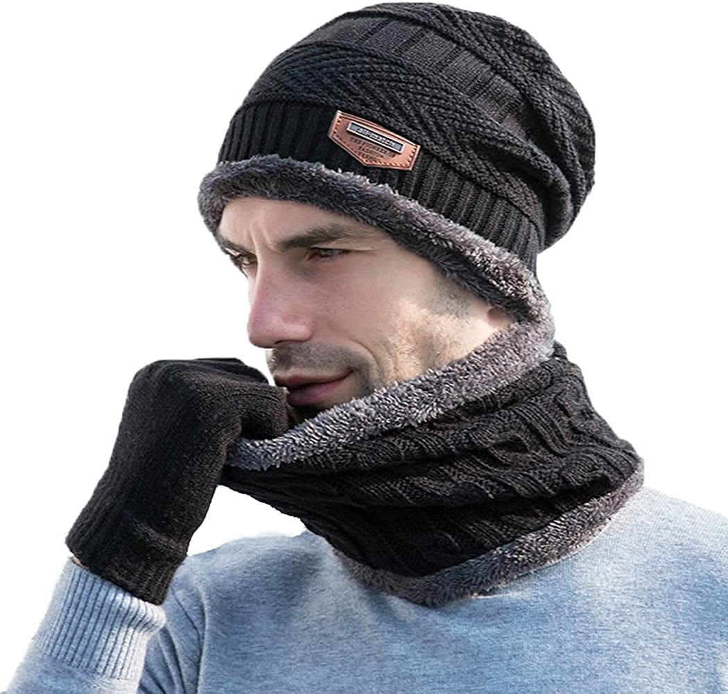 3 Pieces Set Winter Warmer Beanie Hat Scarf and Touch Screen Gloves, Fleece Lining Hat Scarf and Gloves Sets for Man & Women