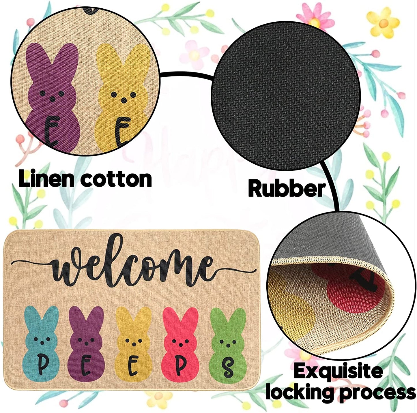 Welcome Peeps Easter Rabbits Elegant Decorative Doormat, Seasonal Spring Easter Holiday Low-Profile Floor Mat Switch Mat for Indoor Outdoor