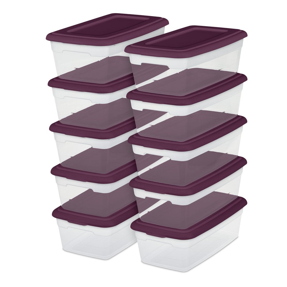Set of (10) 6 Qt. Storage Boxes Plastic, Red Currant