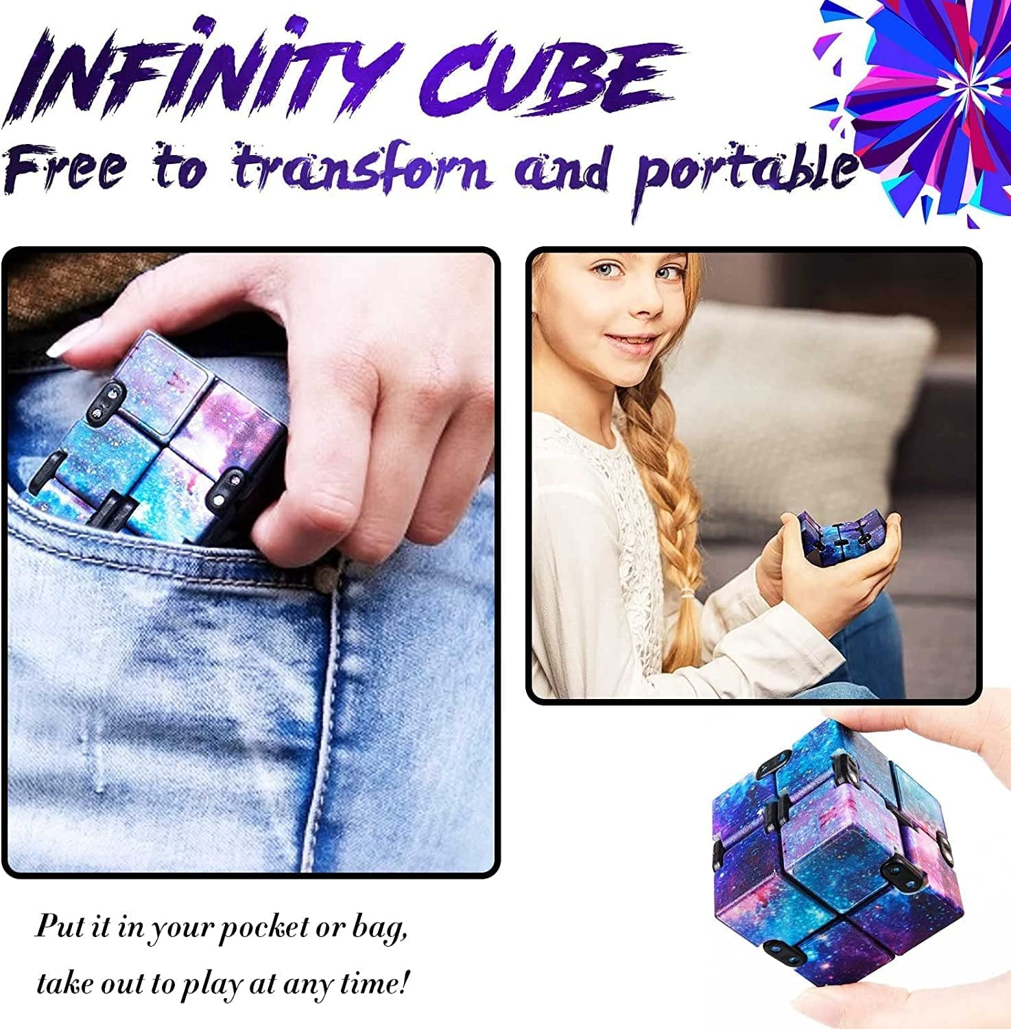 3 Pack Infinity Cube Fidget Toys, Galaxy Fidget Cube Stress and Anxiety Relief Toys, Toy Relaxing Hand-Held