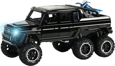 Pickup Truck Toy 6X6 Off-Road Refitted Model SUV Car 1/24 Scale Monster Trucks Diecast Metal Model Cars with Micro Motorcycle Sound and Light for Kids Age 3 Year and up Black