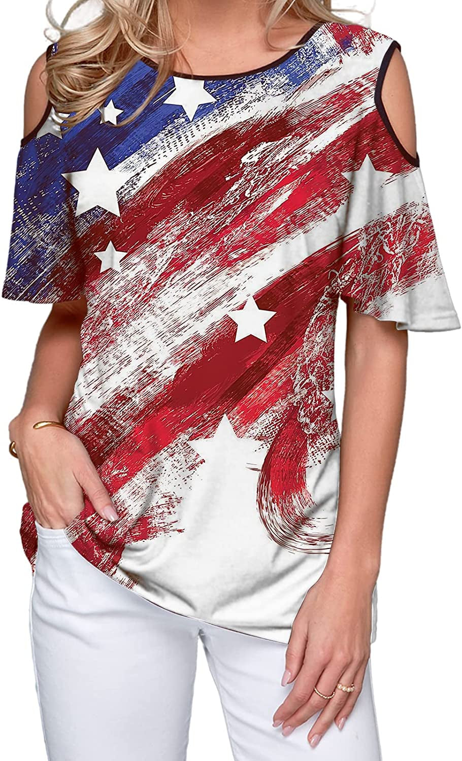  Women Cold Shoulder American Flag Shirt Stars Stripe Patriotic T-Shirt Summer Casual Tee Top