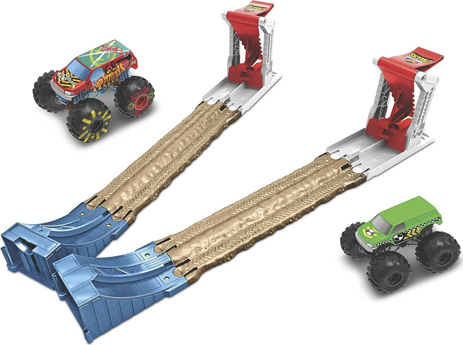 Hot Wheels Monster Trucks Double Destruction 3-In-1 Play Set with 1 1:64 Scale Die-Cast Metal Body Monster Truck, 1 Plastic Crash Dummy 2 Slam Launchers with Short Straight Tracks & Ramps