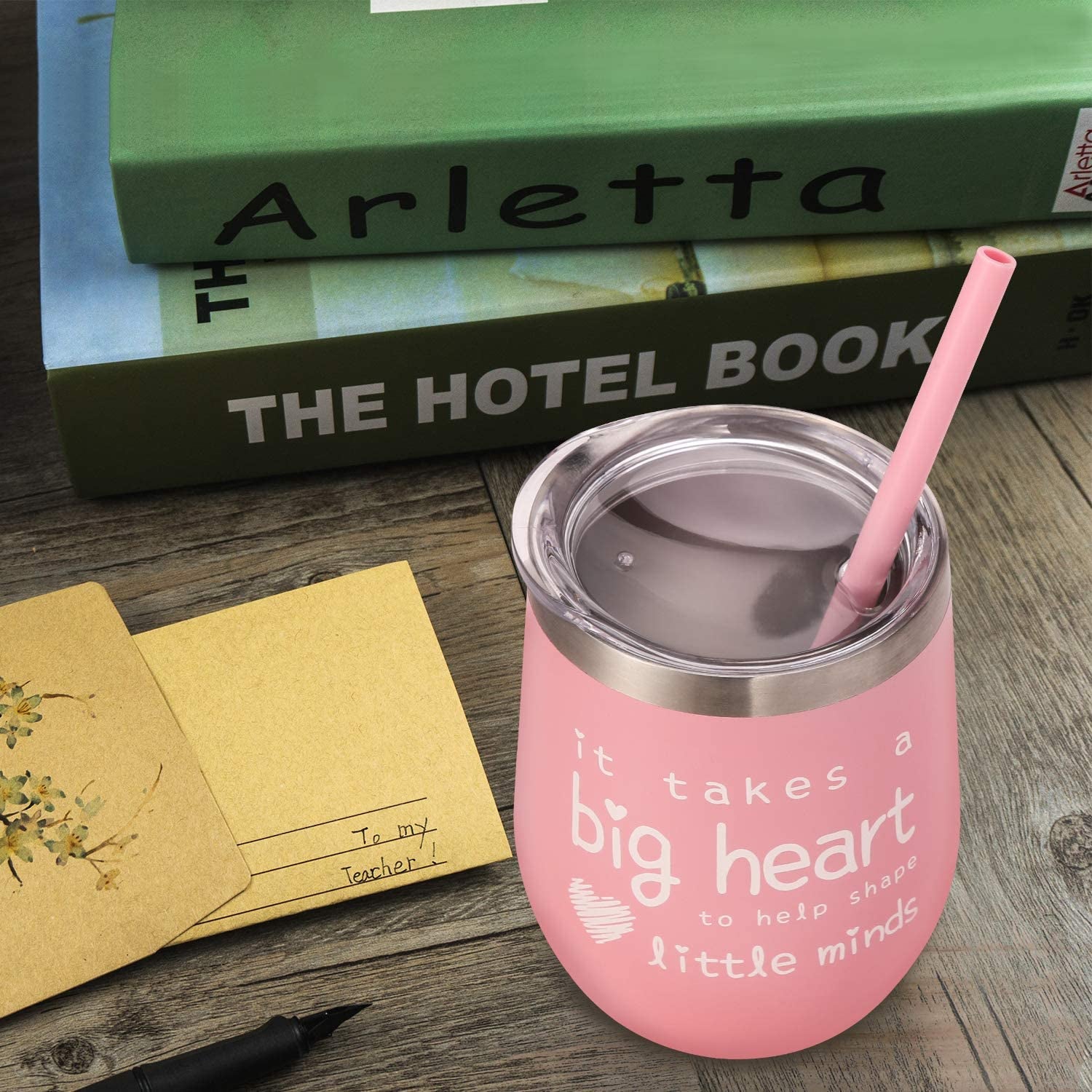 Teacher Appreciation Gifts - Teacher Gifts For Women Wine Glass Tumbler - It Takes a Big Heart to Help Shape Little Minds - Best Teacher Gifts from Student - Pink, 12 oz