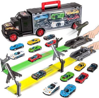 Toddler Toys for 3-5 Year Old Boys,Toy Truck Carrier with 12 Die-Cast Vehicles Toy Cars and 2 Race Tracks,Gift for Kids Age 3 4 5 6 7