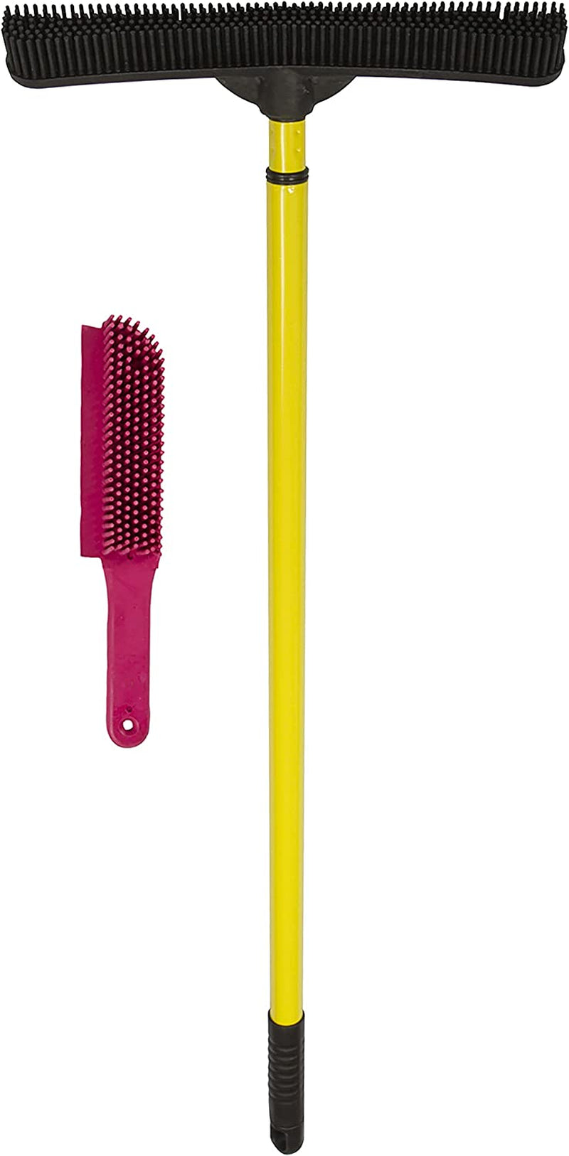 FURemover Pet Hair Remover Carpet Rake - Rubber Broom for Pet Hair Removal Tool with Squeegee & Telescoping Handle Extends from 3-5' Black & Yellow