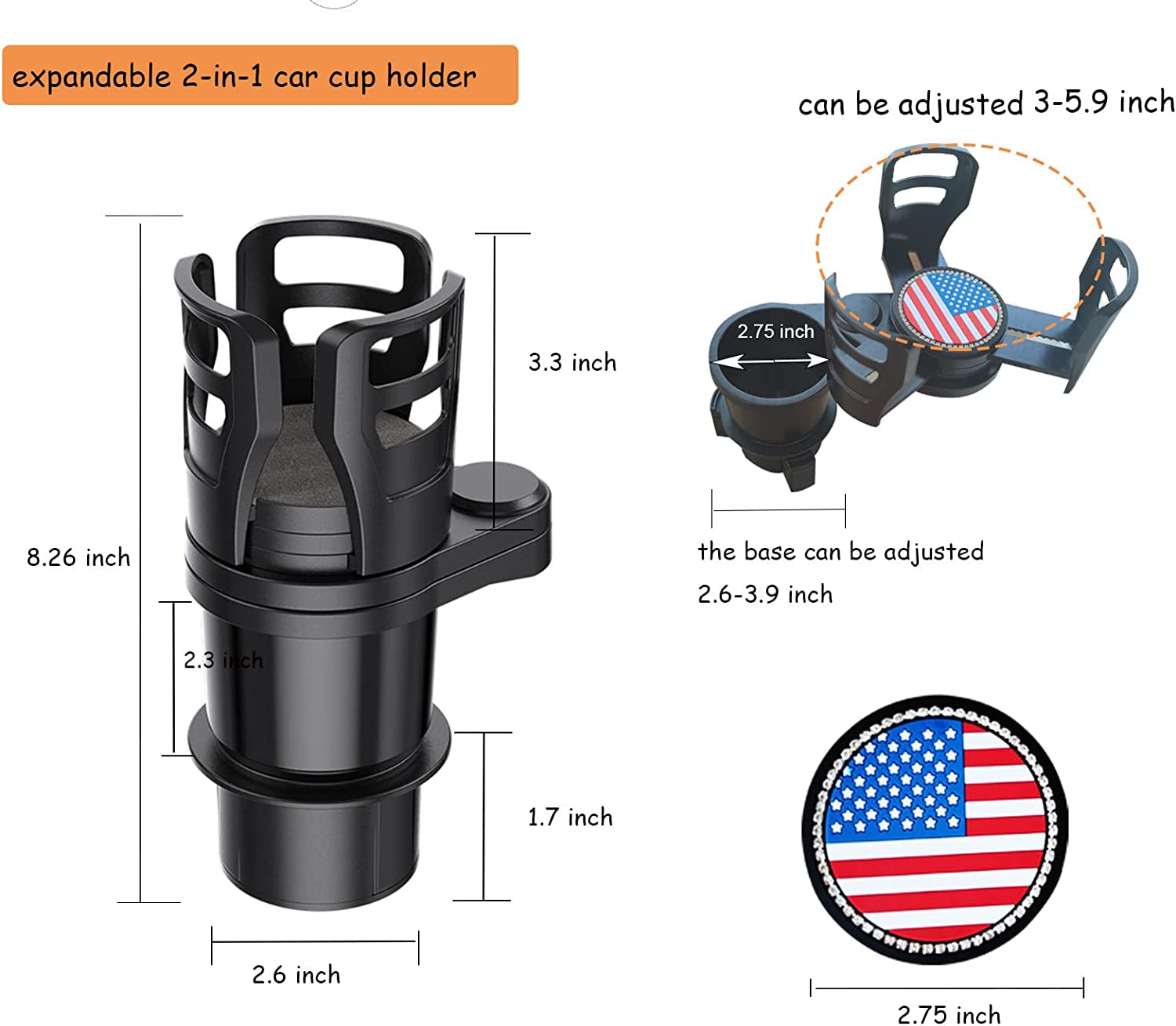 Car Cup Holder Expander, 2 in 1 Multifunctional Vehicle Mounted Cup Holder Extender with Adjustable Base, 360°Rotating Dual Cup Holder Adapter Universal Insert Car Cup Holders with Free Coasters