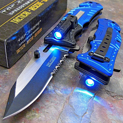 Blue Police Assisted Open LED Tactical Rescue Pocket Knife (Basic Pack)