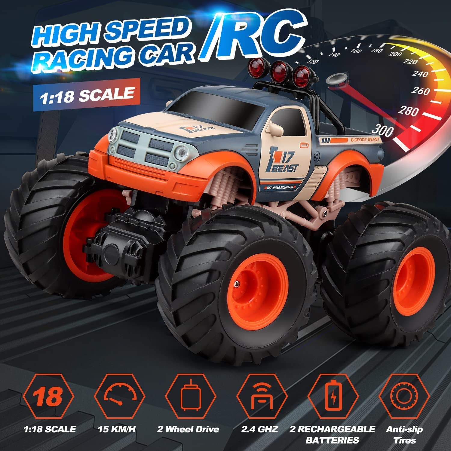 Remote Control Truck, ABSIROGIA 1:18 Scale RC Truck , 2.4Ghz Remote Control Monster Truck Dune Buggy Hobby Kids Toys for Kids, All Terrains High Speed 15 Km/H, with 2 Rechargeable Batteries