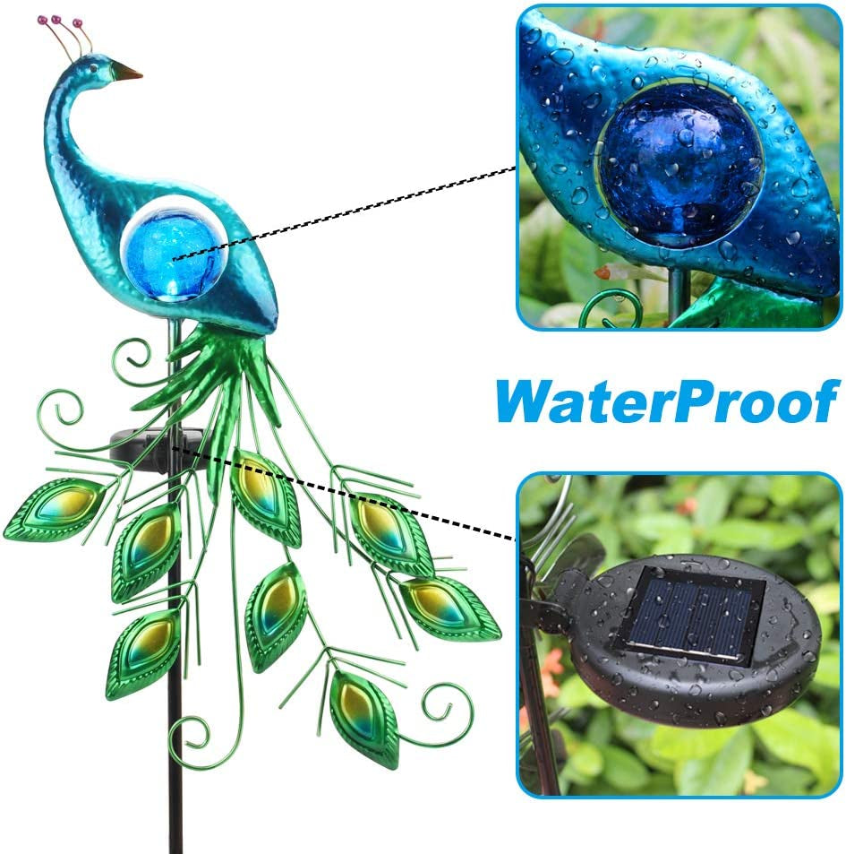  Garden Solar Lights Stake, Metal Peacock Decor Solar Garden Lights Solar Peacock Stake for Outdoor Patio Yard Decorations (Blue Lampshade)