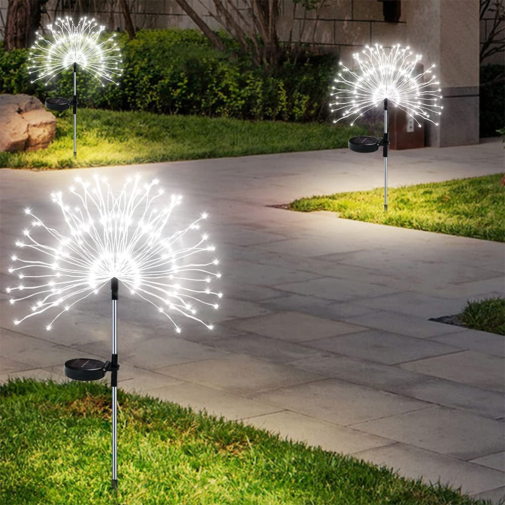  Solar Garden Lights Outdoor Waterproof, LED Firefly Starburst Firework Light for Pathway Patio Lawn Backyard Flowerbed Party Christmas Decorations with 120 LEDs 8 Mode 2 Pack Warm White Oval
