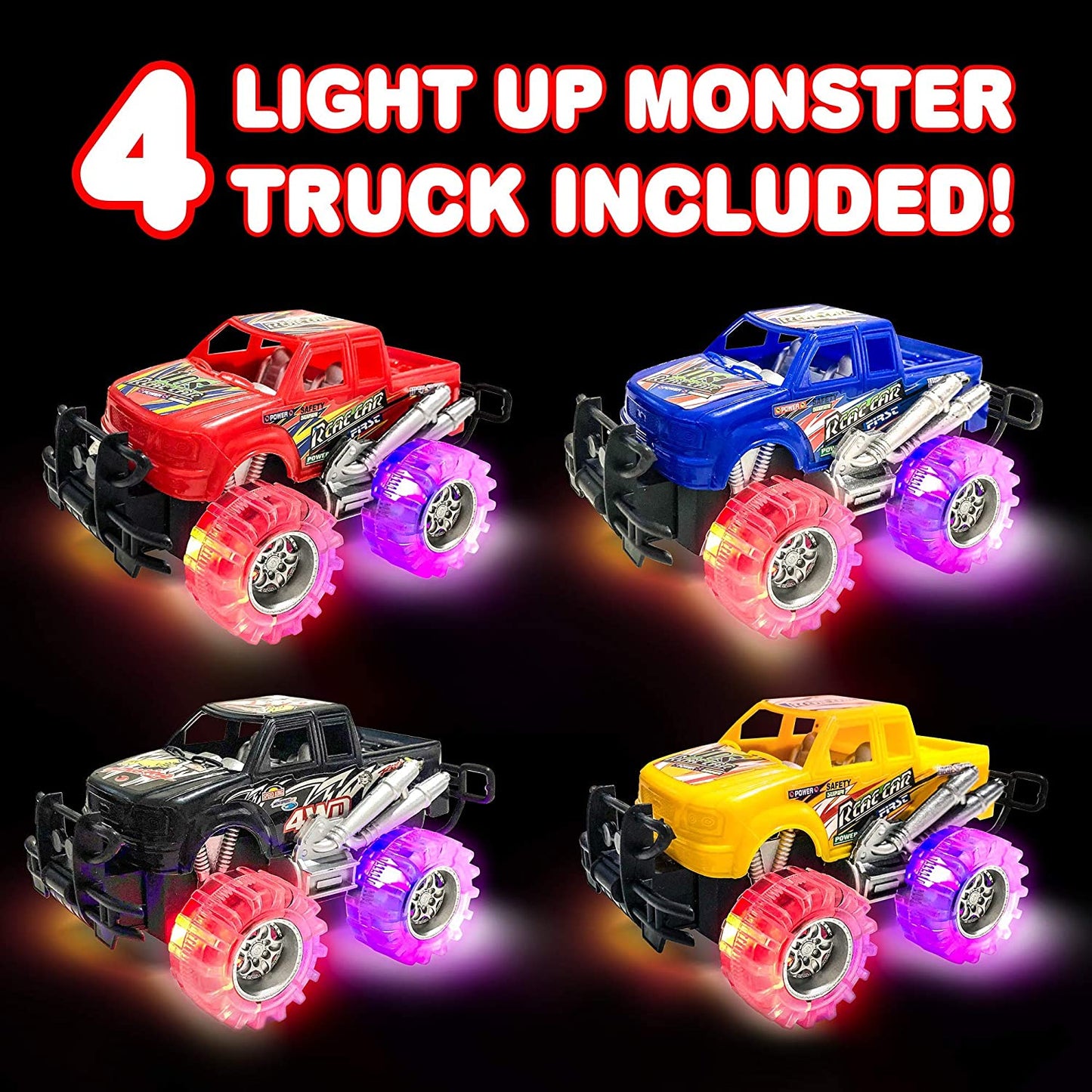 Light up Monster Truck Set for Boys and Girls by Artcreativity - Set Includes 4, 6 Inch Monster Trucks with Beautiful Flashing LED Tires - Push N Go Toy Cars Fun Gift for Kids - for Ages 3+