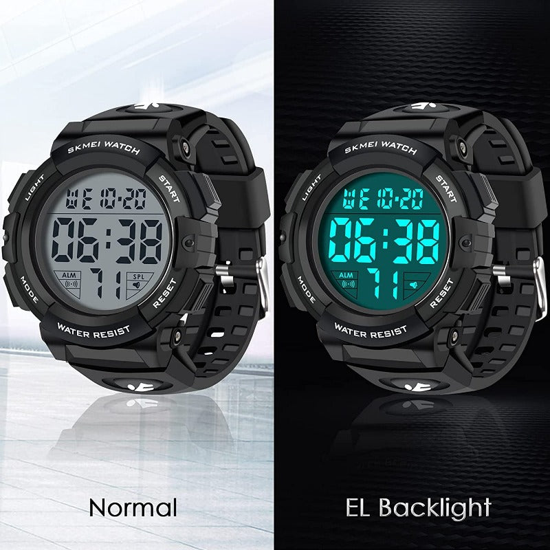 Men's Sports Watches Military Classic Stopwatch Large Dial Electronic LED Backlight Wristwatch 50M Waterproof Digital Watch for Mens with Large Number