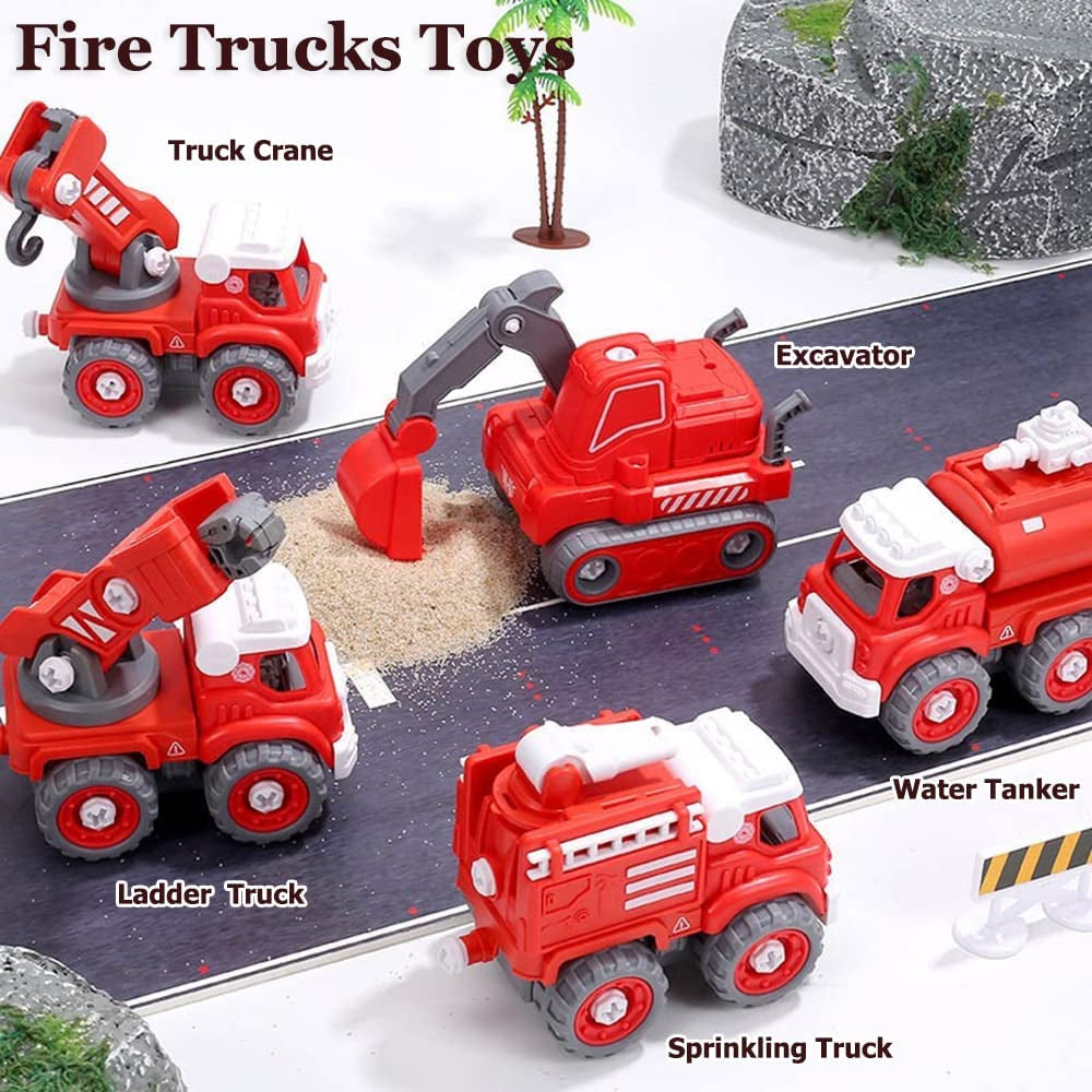 Take Apart Robot Toys for Kids, 5 in 1 Fire Truck Car Vehicle Set Transform into Robot, STEM Building Toy for Toddlers Boys Girls Ages 3+(Red)