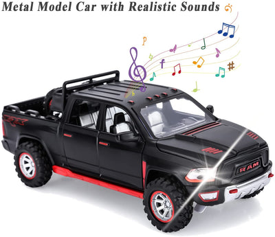 Toy Trucks for Boys RAM TRX 1500 Diecast Metal Pickup Truck Toys Pull Back Model Cars with Light and Sound for Kids Aged 3-7(Black)