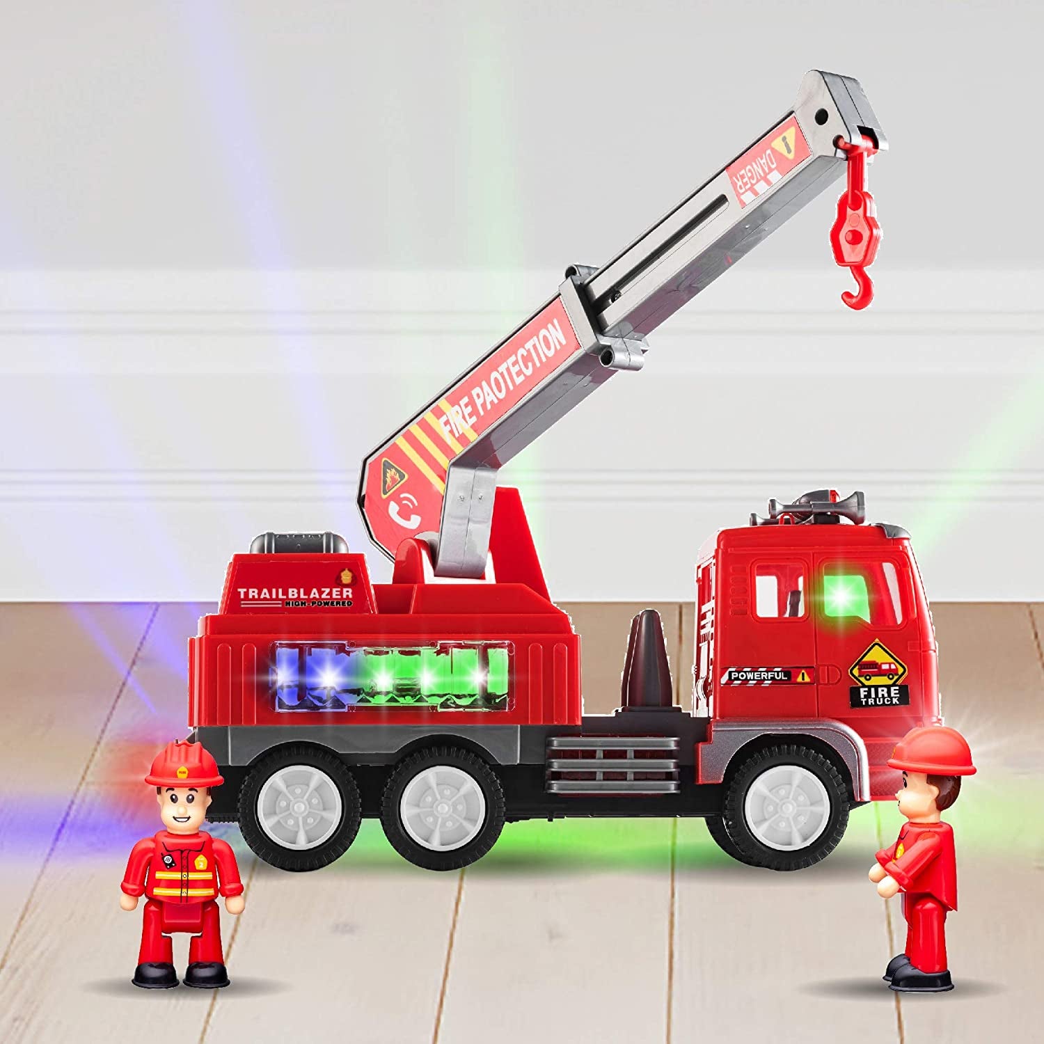 Fire Engine Ladder Truck for Kids with Two Fireman Figures - 4D Lights & Real Siren Sounds | Bump and Go Toy - Automatic Steering on Contact - Imaginative Play