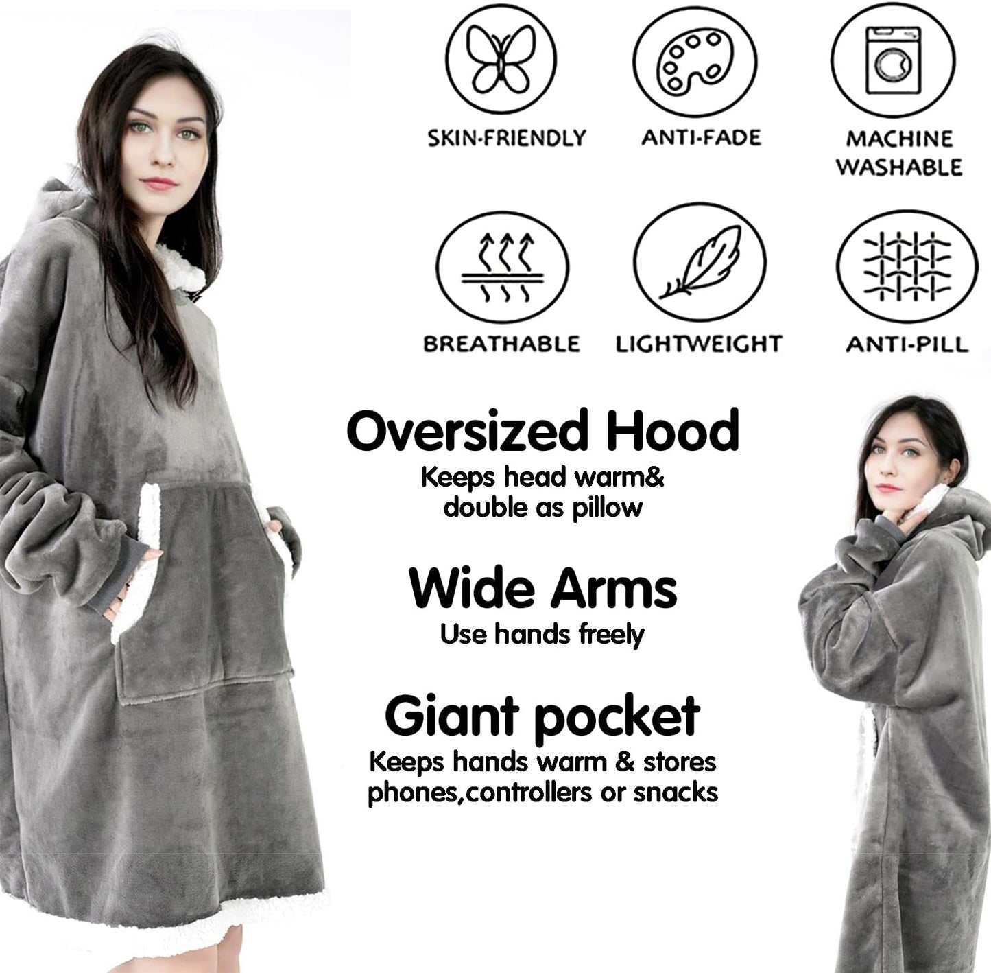Wearable Blanket Oversized Sweatshirt for Women and Men, Super Soft Warm and Sweatshirt with Hood Pocket and Sleeves Plush Hoodie Blanket, One Size Fits All