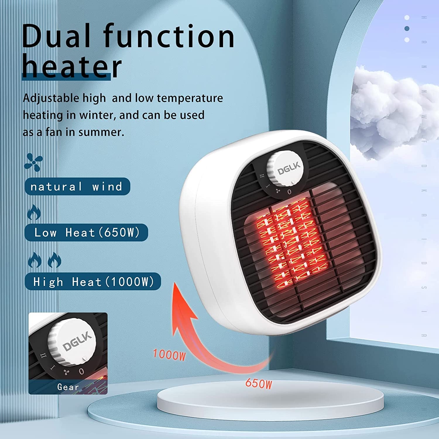 2 in 1 Electric Space Heater, Small Space Heaters for Indoor Use, 1000W/650W Ceramic PTC Portable Heater , Personal Desk Heater for Office, Room, Garage