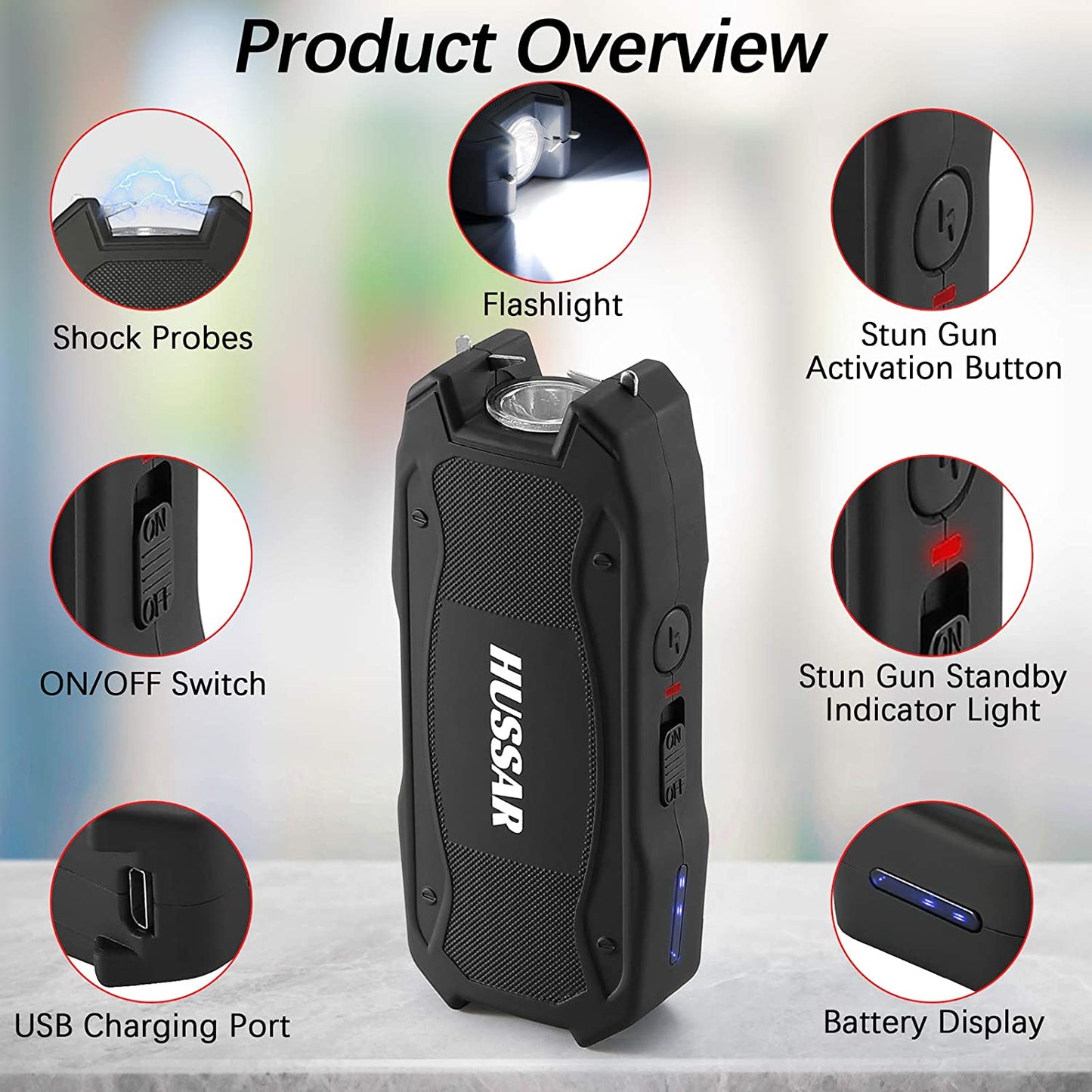Stun Gun for Self-Defense, Rechargeable with LED Flashlight, Powerful 1.60 Μc Charge with Safety Switch, Battery Indicator and Belt Holster