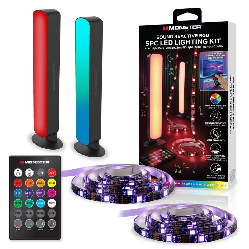 LED 5 Piece Sound Reactive Multi-Color Indoor LED Light Kit, 2 Light Bars, 2 Light Strips