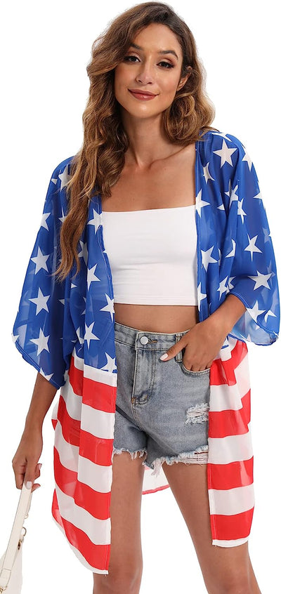  Women's American Flag Kimono Cover up Beachwear Cardigan Loose Tops Shirt Blouse