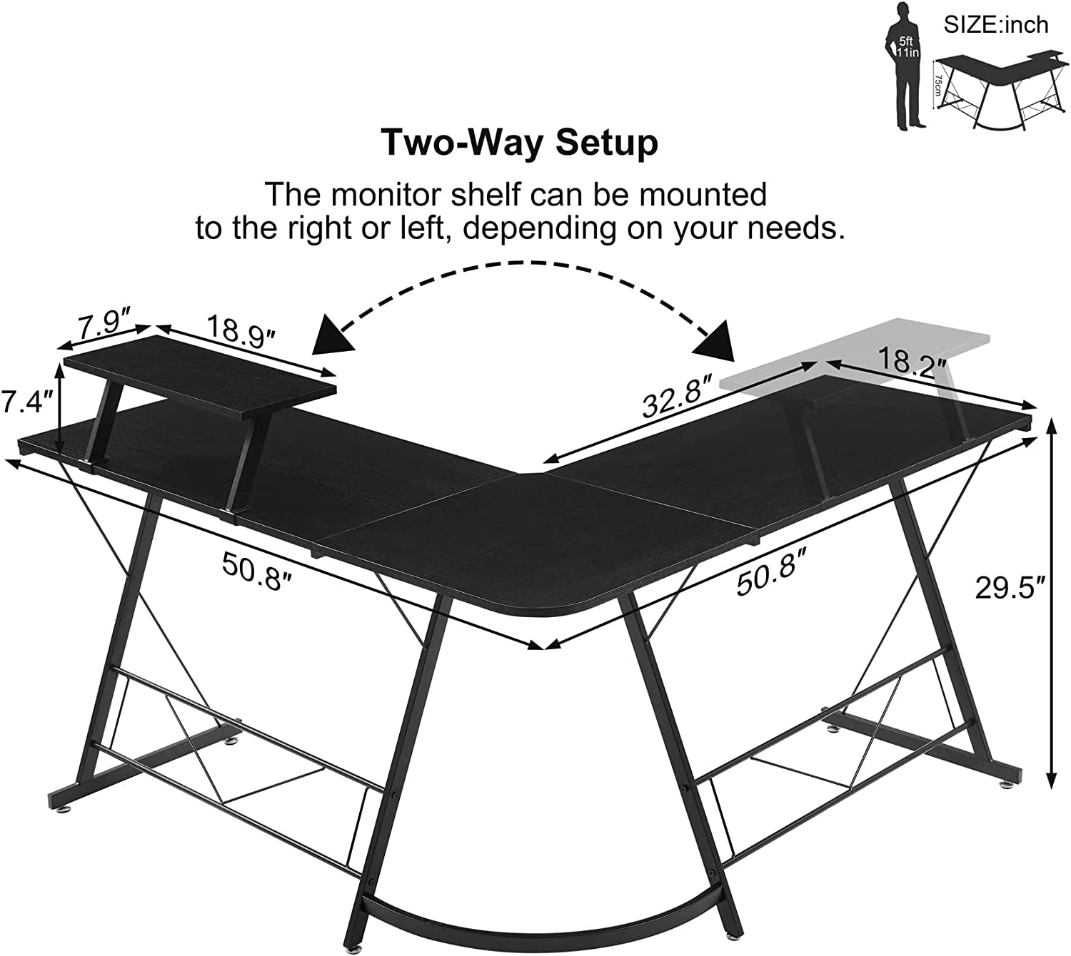 L Shaped Desk, Computer Corner Desk, Home Gaming Desk, Office Writing Workstation with Large Monitor Stand, Space-Saving, Easy to Assemble, Black