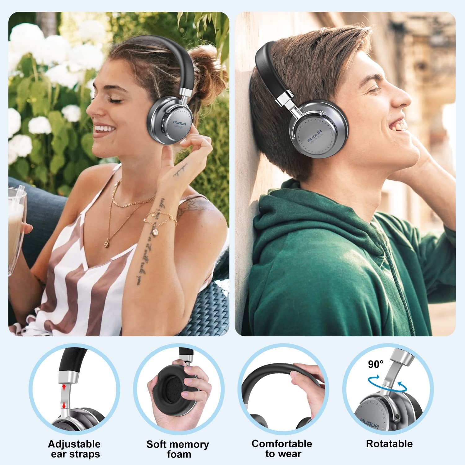 Rechargeable Wireless Bluetooth Headphones, Hifi Stereo Over Ear Headphones with Mic, 35H Playtime , Adjustable Flip Function Lightweight Wired Headphones with Soft Memory Foam Ear-pads for Cell Phones, iPad, PC, Laptop