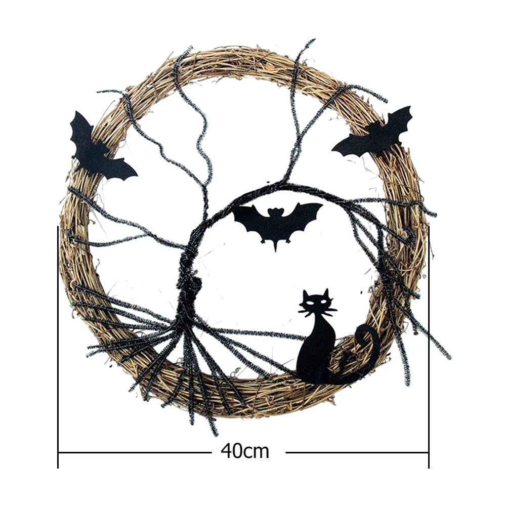  Bat Black Cat Wreath Festive Atmosphere for Front Door Wall Decor (40Cm)