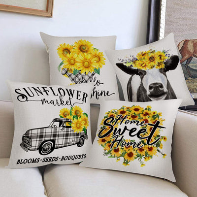 Set of 4 Decorative Farmhouse Pillow Cover - Sunflowers