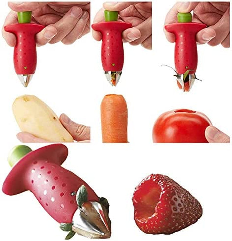 Strawberry Huller Stem Remover and Strawberry Slicer Set,Potatoes Pineapples Carrots Tomato Corer Slicer Cherry Pitter,Fruit Picker Stalks Tools,Stainless Steel Blade Kitchen Tools and Gadgets