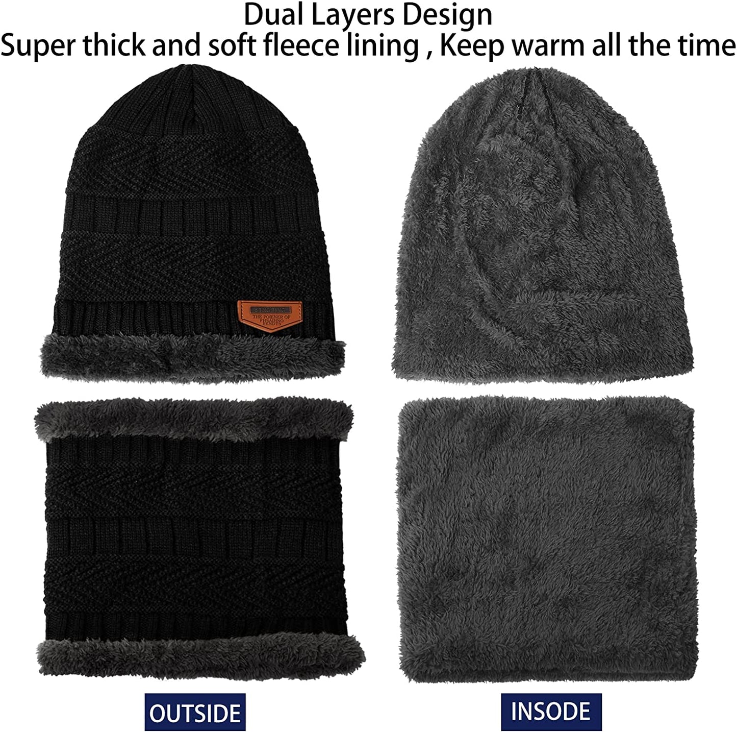 Winter Knit Beanie Hat Neck Warmer Gloves Set Warm Fleece Lined Skull Cap Infinity Scarf Touchscreen Gloves for Men & Women