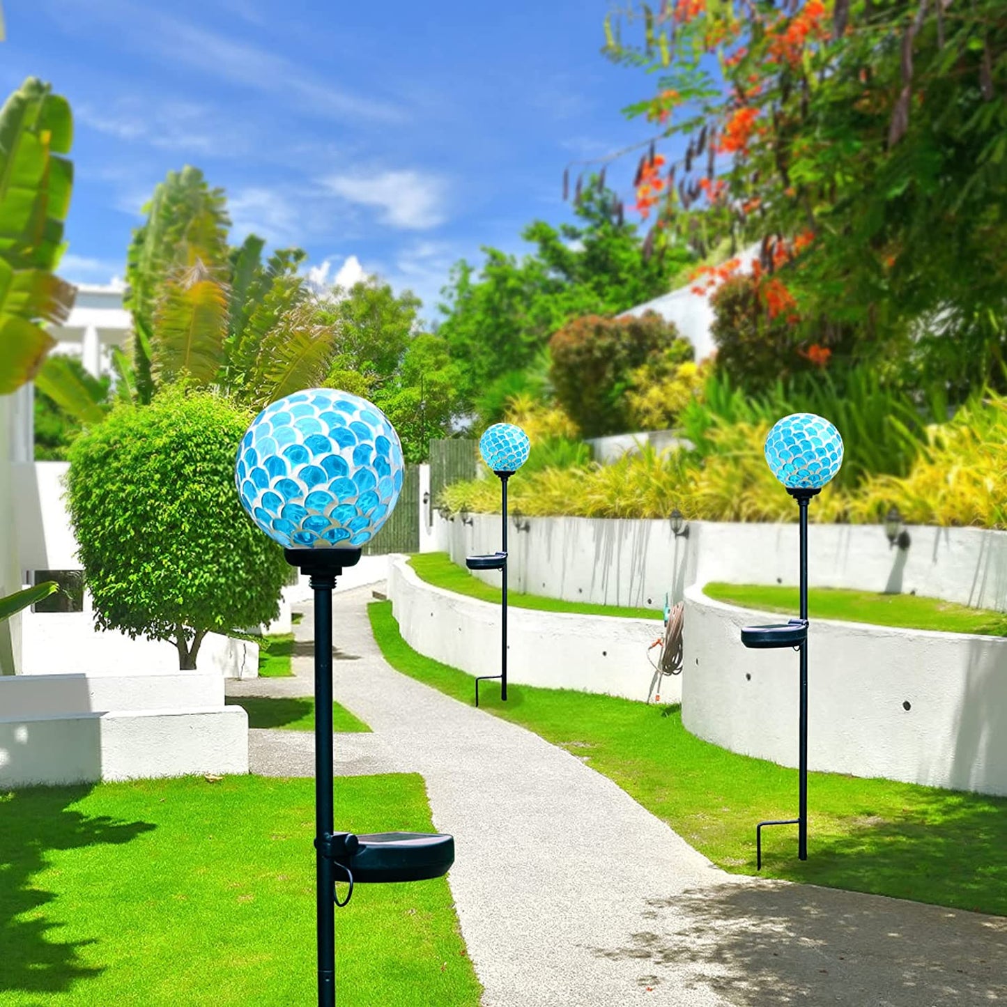 Solar Lights Outdoor Garden Decor - Mosaic Decorative Stakes Solar Powered Gazing Ball Light Landscape Solar Globe Lights for Yard Path Decoration