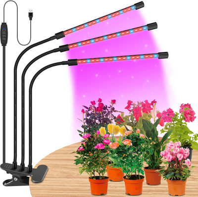 Grow Light for Indoor Plant, Horizontal Plant Growth Lamp for Indoor Plants with Red/Blue Spectrum, Full Spectrum Adjustable Gooseneck, 3/9/12H Timer 3 Switch Modes, 3 Head