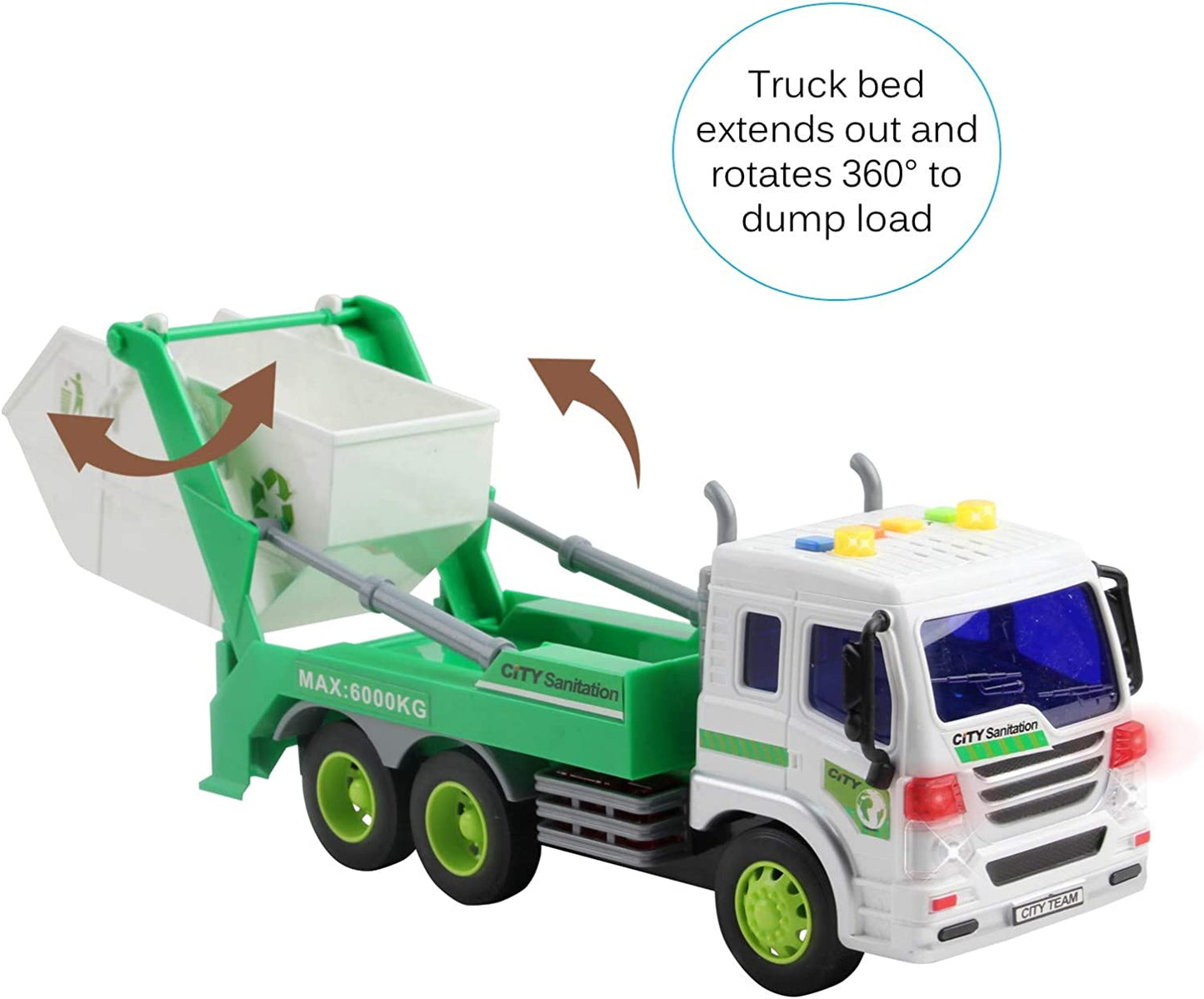 Vokodo Friction Powered Garbage Truck with Lights and Sounds Lift up Body 1:16 Scale Durable Kids Dump Sanitation Push and Go Toy Car Pretend Play Transport Vehicle Great Gift for Children Boys Girls