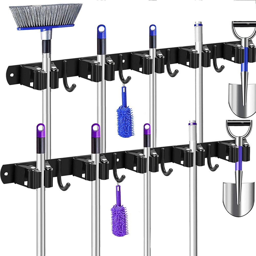 2 Pack Mop & Broom Holder Wall Mounted Metal Tool Storage Organizer Rack, Black, 4 Slots & 5 Hooks