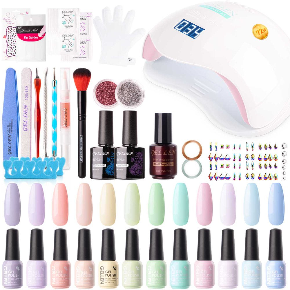 Gellen 12 Colors Colorful Rainbow Gel Nail Polish Starter Manicure Sets - with 72W UV/LED Nail Lamp