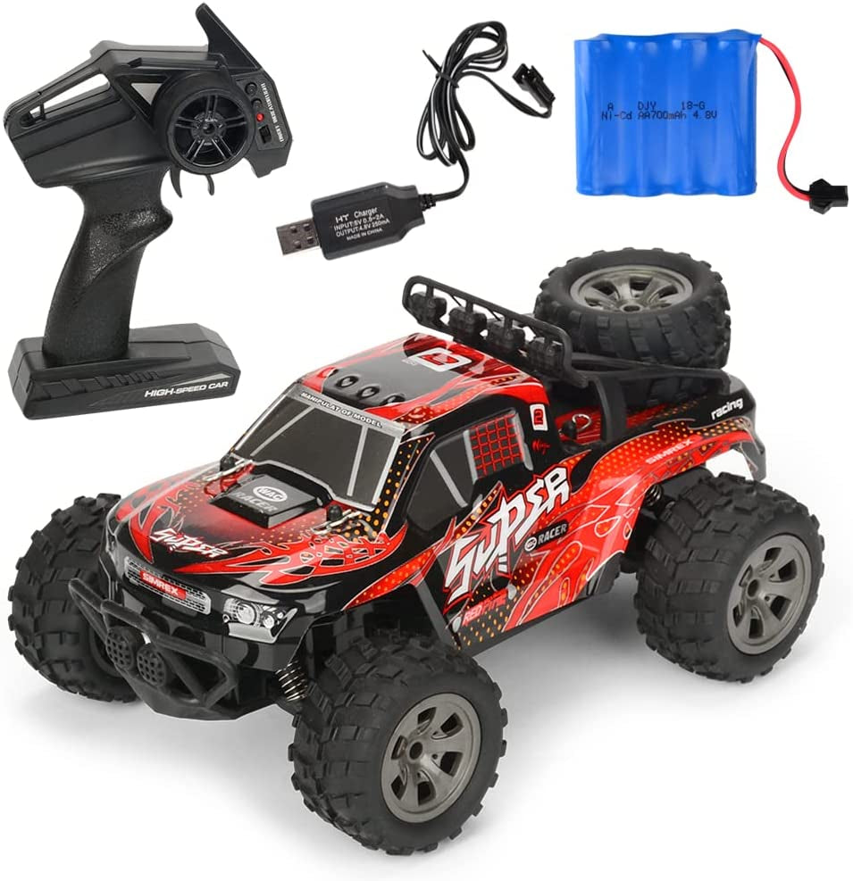 RC Trucks for Kids, Rechargeable RC Cars, Hobby Grade 1:18 Scale Remote Control Car, Off-Road Monster Truck, 2WD High-Speed Electric Toy. 2.4Ghz Rock Crawler, All Terrains Boys Girls Xmax Gift (RED)