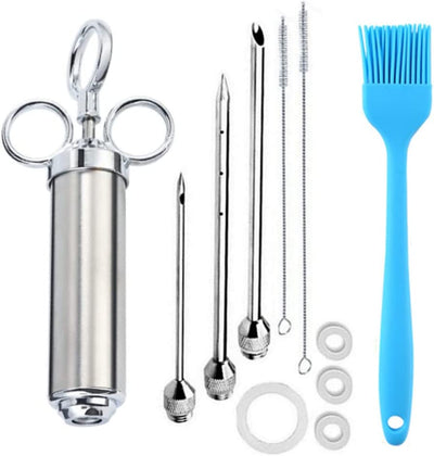 Meat Injector Syringe Kit, Food Seasoning Injector, Food Grade 304 Stainless Steel 2-Oz Large Capacity with 3 Needles, Easy to Use and Clean, Free Silicone BBQ Brush (Silver+Blue)