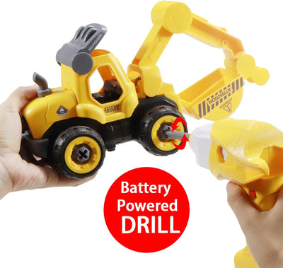 3 in 1 Construction Truck Take Apart Toys with Electric Drill, Converts to Remote Control Car, Kids DIY Stem Learning Building Toy, Gifts Toys for 3,4,5,6,7 Year Old Boys (Yellow)