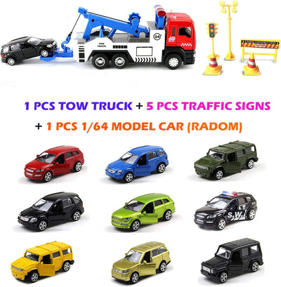 JOYINUS Toy Tow Truck Metal Diecast Truck with Car Pull Back Miniature Toy Trucks with Sound and Light for Boys(With 5 Pcs Traffic Signs)