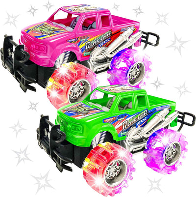 Artcreativity Pink and Green Light up Monster Truck Set for Boys and Girls, Set Includes 2, 6 Inch Monster Trucks with Beautiful Flashing LED Tires, Push N Go Toy Cars, Best Gift for Kids, for Ages 3+