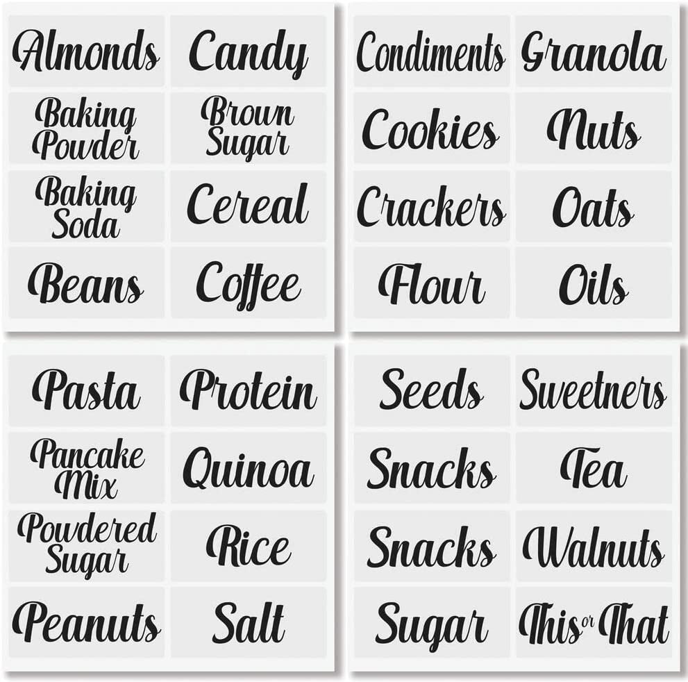 Home Organization Labels - Preprinted Label Stickers for Kitchen Pantry Storage and Cleaning - Household Organizing for Jars, Canisters, Containers, Boxes, or Bins - 32 Count - Clear/Black